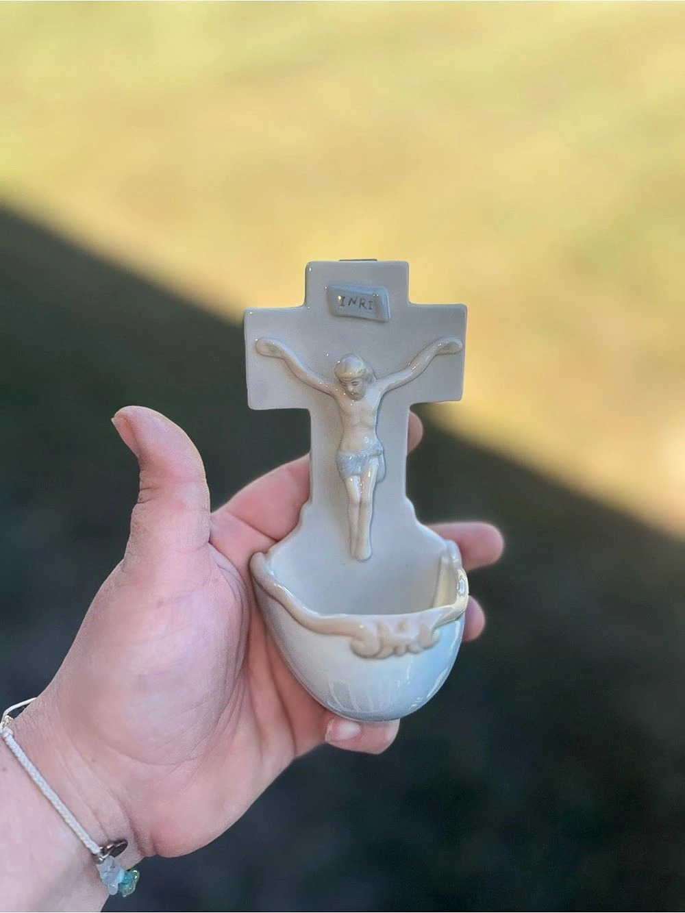 Vintage Religious Wall-Hanging Holy Water Font in White